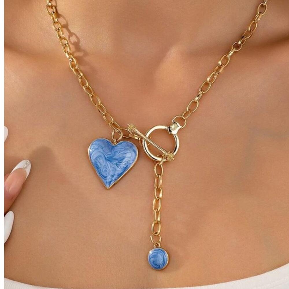 Blue Heart Pendant Necklace Gold Chain Toggle Clasp Y2K Trend